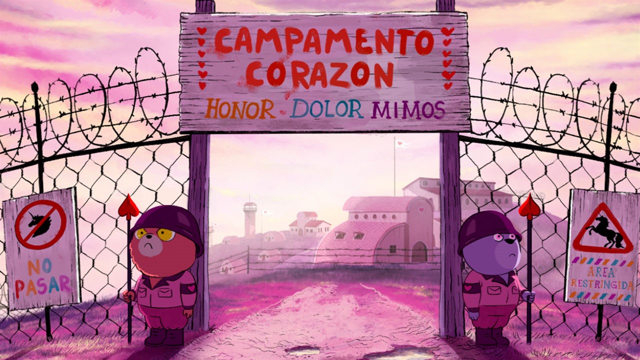 two animal guards in front of a camp